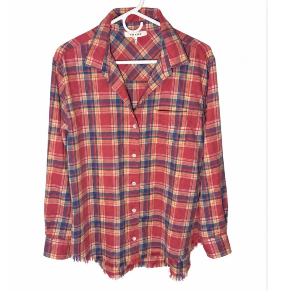 FRAME Womens M Red Plaid Flannel Shirt Frayed Raw Hem Button Up Grunge